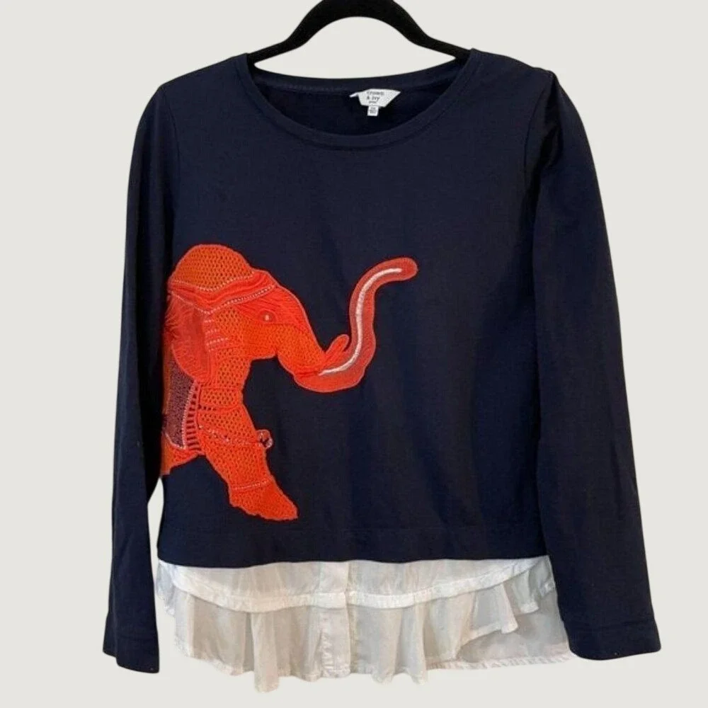 Crown‎ & Ivy Petite Navy Blue Elephant Crochet Applique Ruffle Hem Top PM